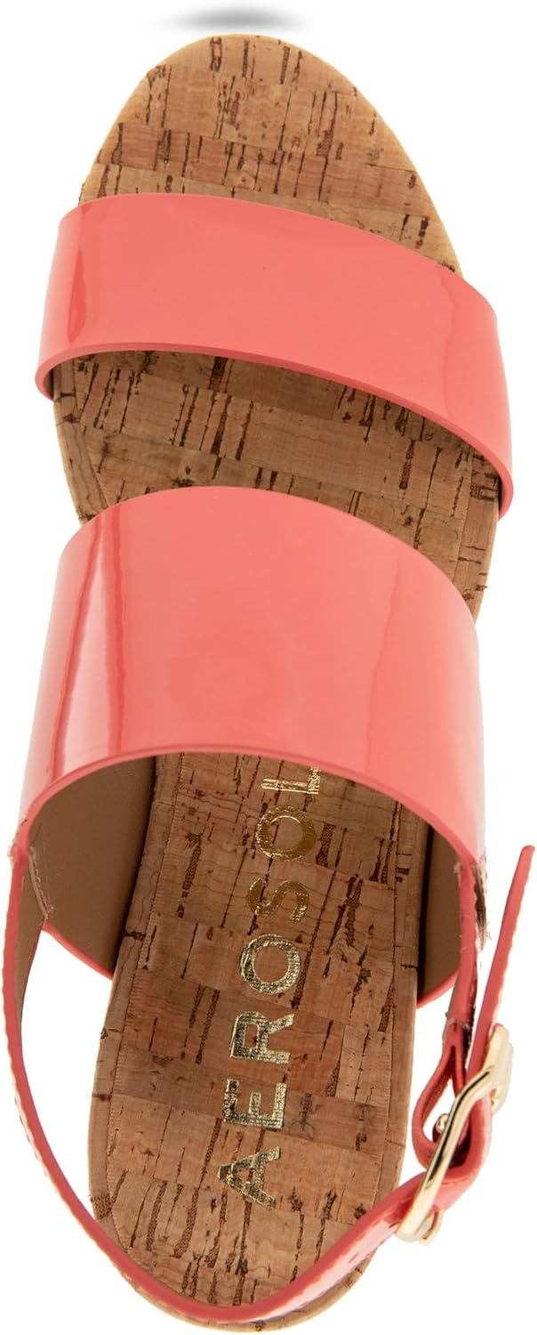 Aerosoles Women’s Camera Platform Sandal(Coral Patent Faux Leather With Cork Heel)