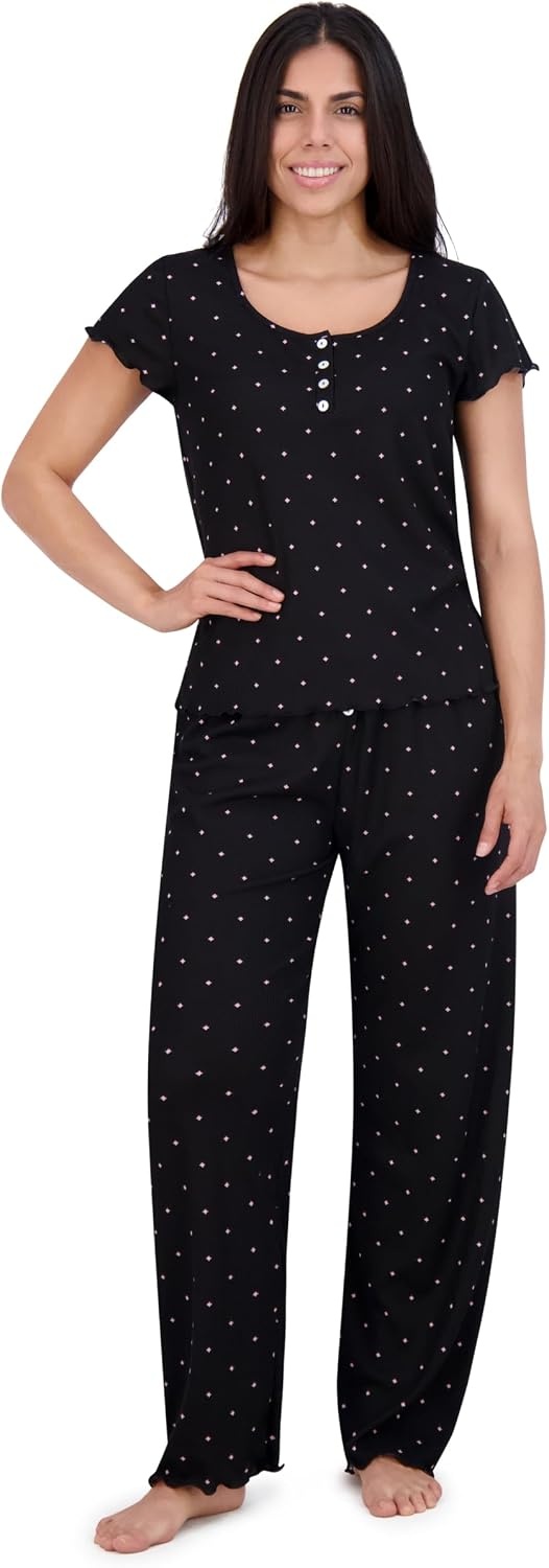 Aerosoles Women’s Printed Waffle Henley Cozy Pjs 2 Piece Cozy Comfy Soft Lounge Cotton Button-up Sleepwear Pajama Set, Diamond Dots, Large