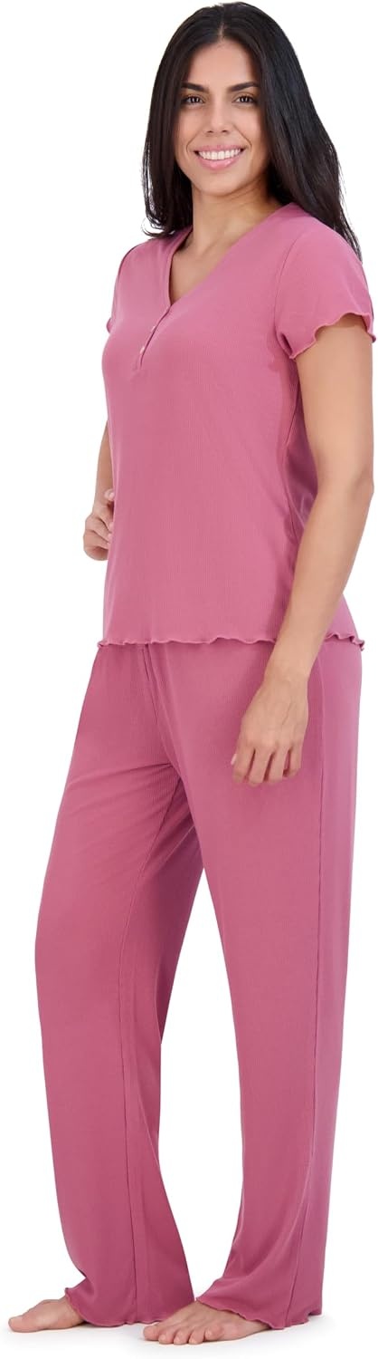 Aerosoles Women’s Ribbed Henley Cozy Pjs 2 Piece Cozy Comfy Lounge Soft Cotton Sleepwear Button-up Pajama Set, Heather Rose, Large