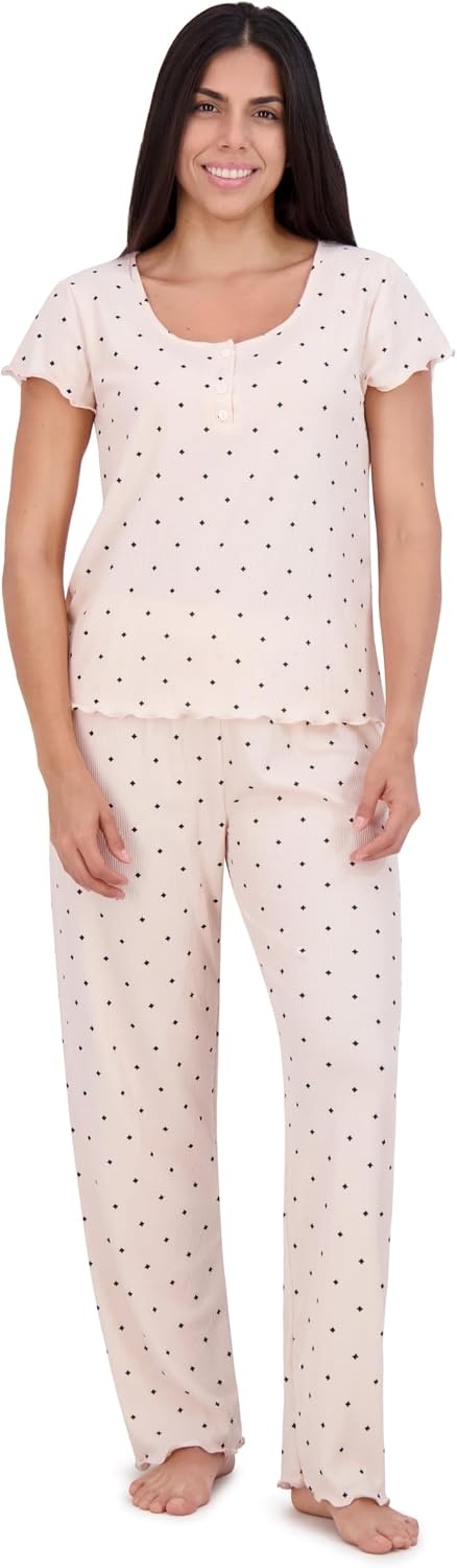 Aerosoles Women’s Printed Waffle Henley Cozy Pjs 2 Piece Cozy Comfy Soft Lounge Cotton Sleepwear Button-up Pajama Set, Diamond Dots, Large